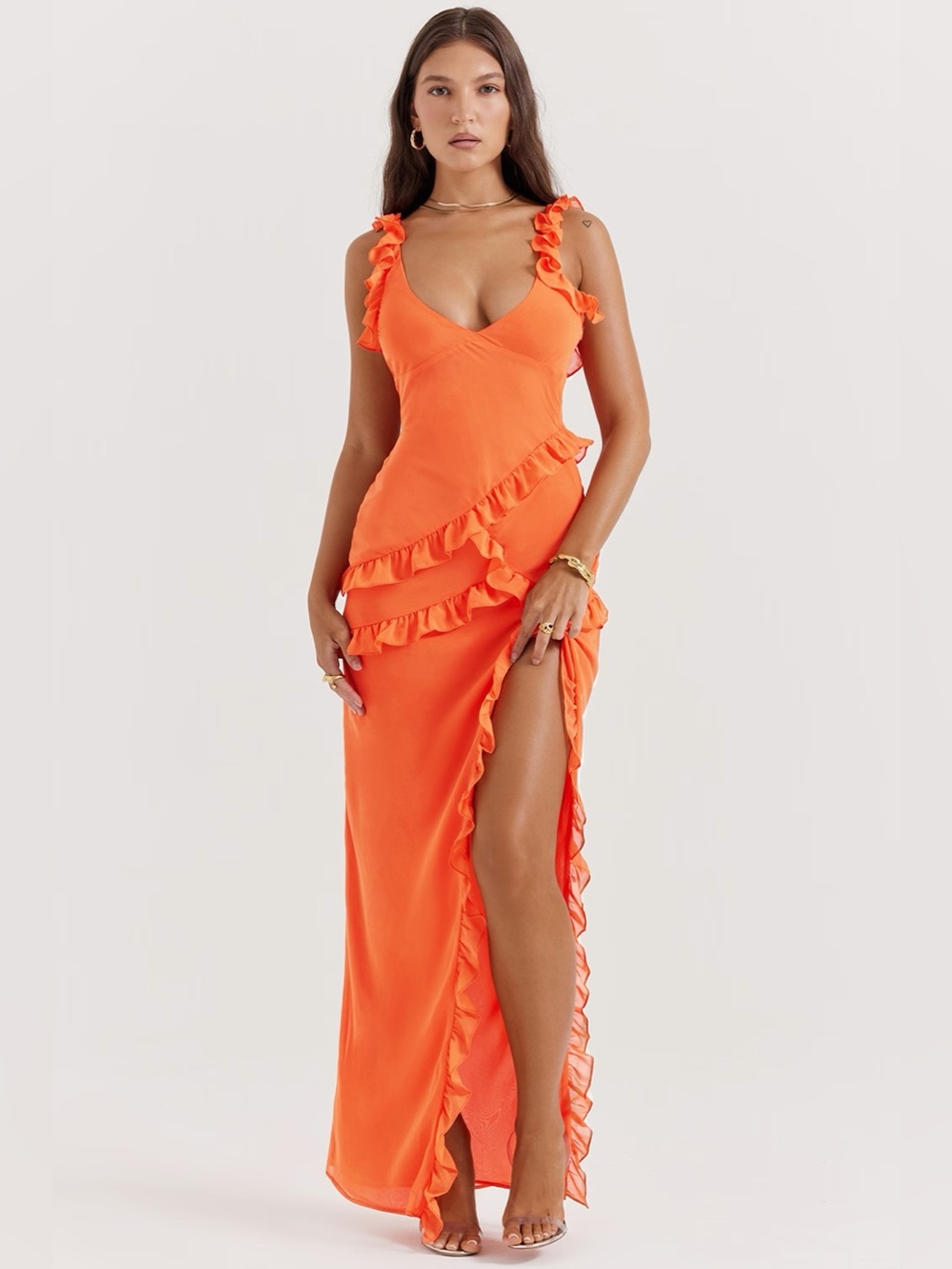 House Of CB Flame Orange Ruffle Maxi Dress